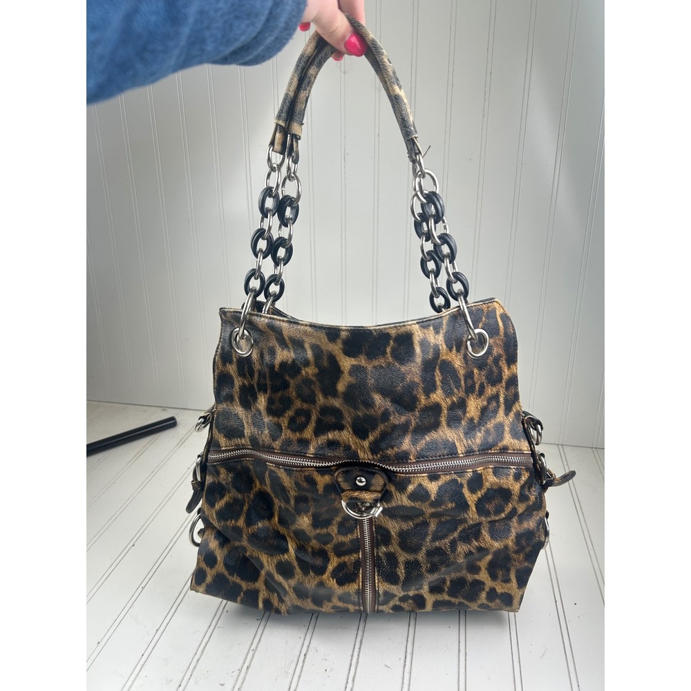 Leopard Print Slouchy Punk Grunge Edgy Vintage Y2K Chain Strap Shoulder Bag - Picture 2 of 13